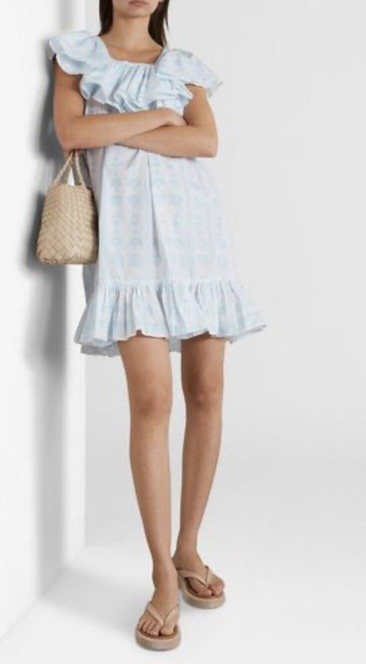 SINDISO KHUMALO Ruffled printed cotton-poplin mini dress Blue White UK 8 US 4